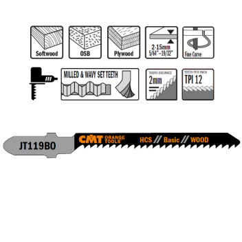 CMT - 5 JIG SAW BLADES HCS 76x2x12TPI (WOOD/CURVE/)